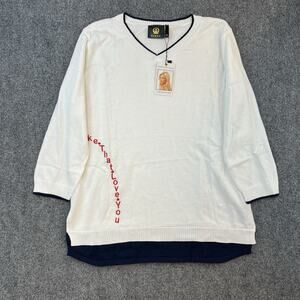 NWT Vecceli Italy White Navy Trim Sweater Top Size M